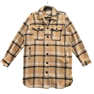 Lucky Brand Flannel Shacket Long Oversized Plaid Jacket Beige Black White Size S